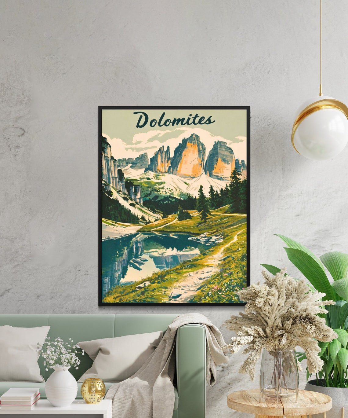 Dolomites Vintage Style Retro Mountain Lake Reflection Poster - Image 3