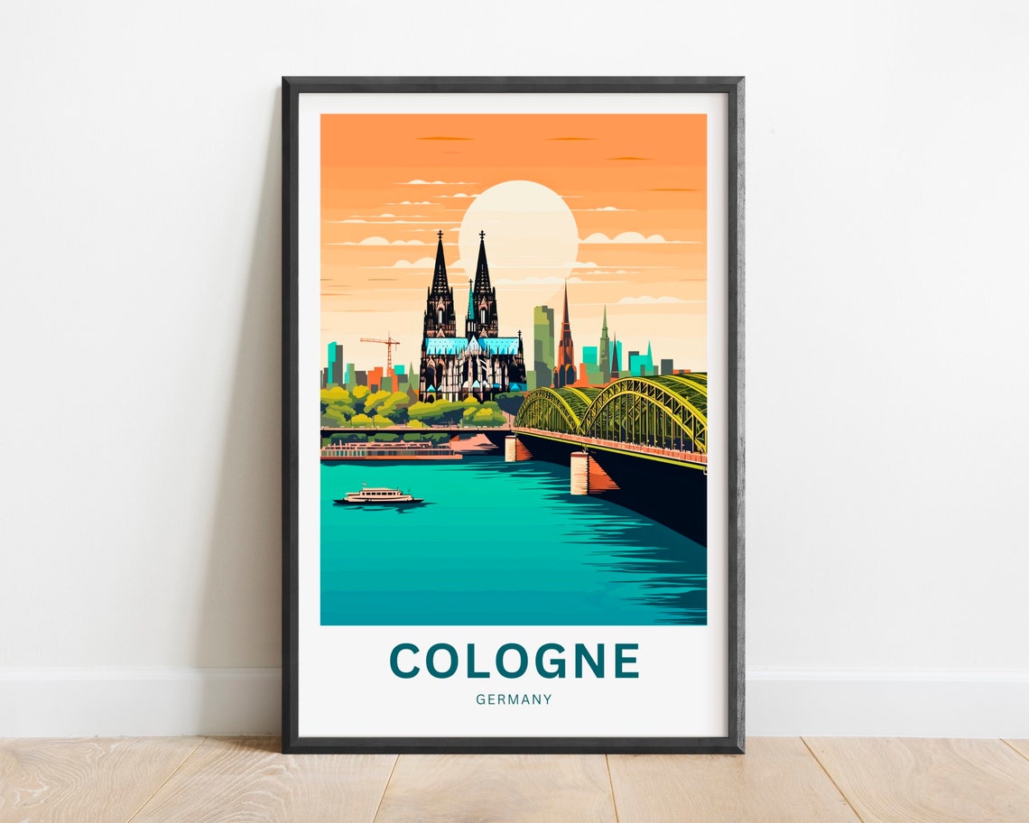 Cologne Germany Cathedral Sunset River Reflection View Poster