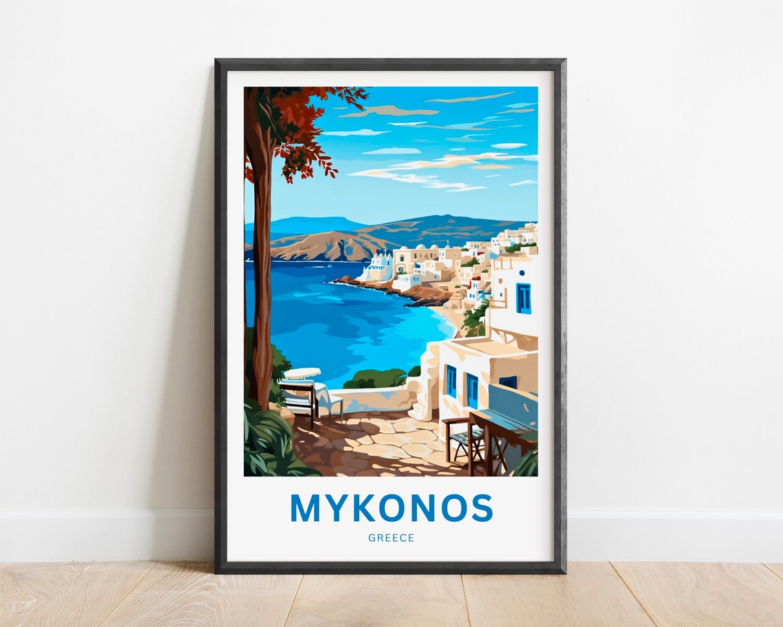 Mykonos Greece White Village Coast Terrace Vintage Travel Poster