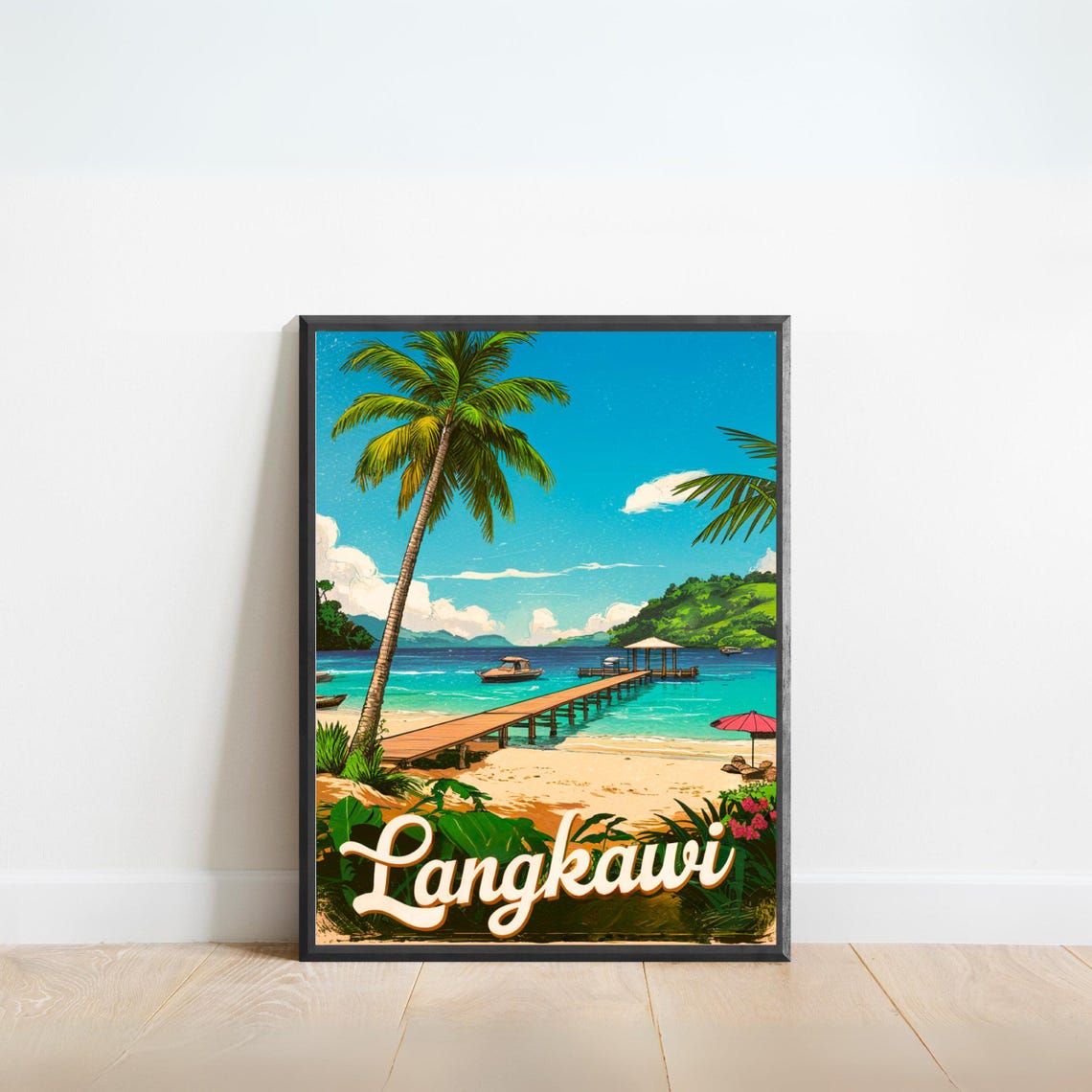 Langkawi Malaysia Vintage Beach Travel Poster Palm Tree and Pier