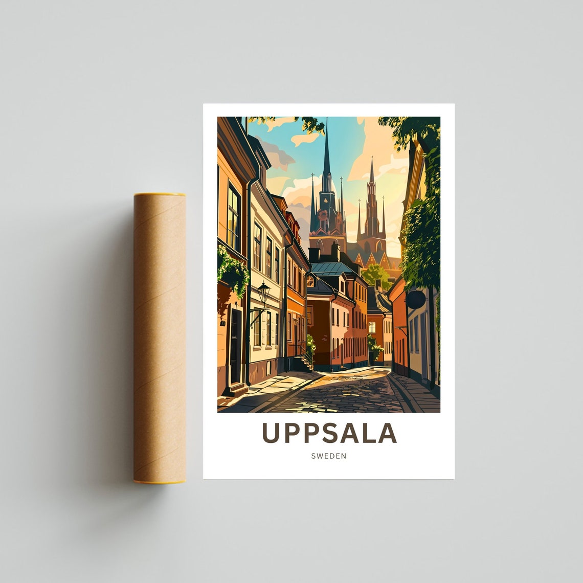 Uppsala Sweden Old Town Cobblestone Street Cathedral Travel Poster - Image 4