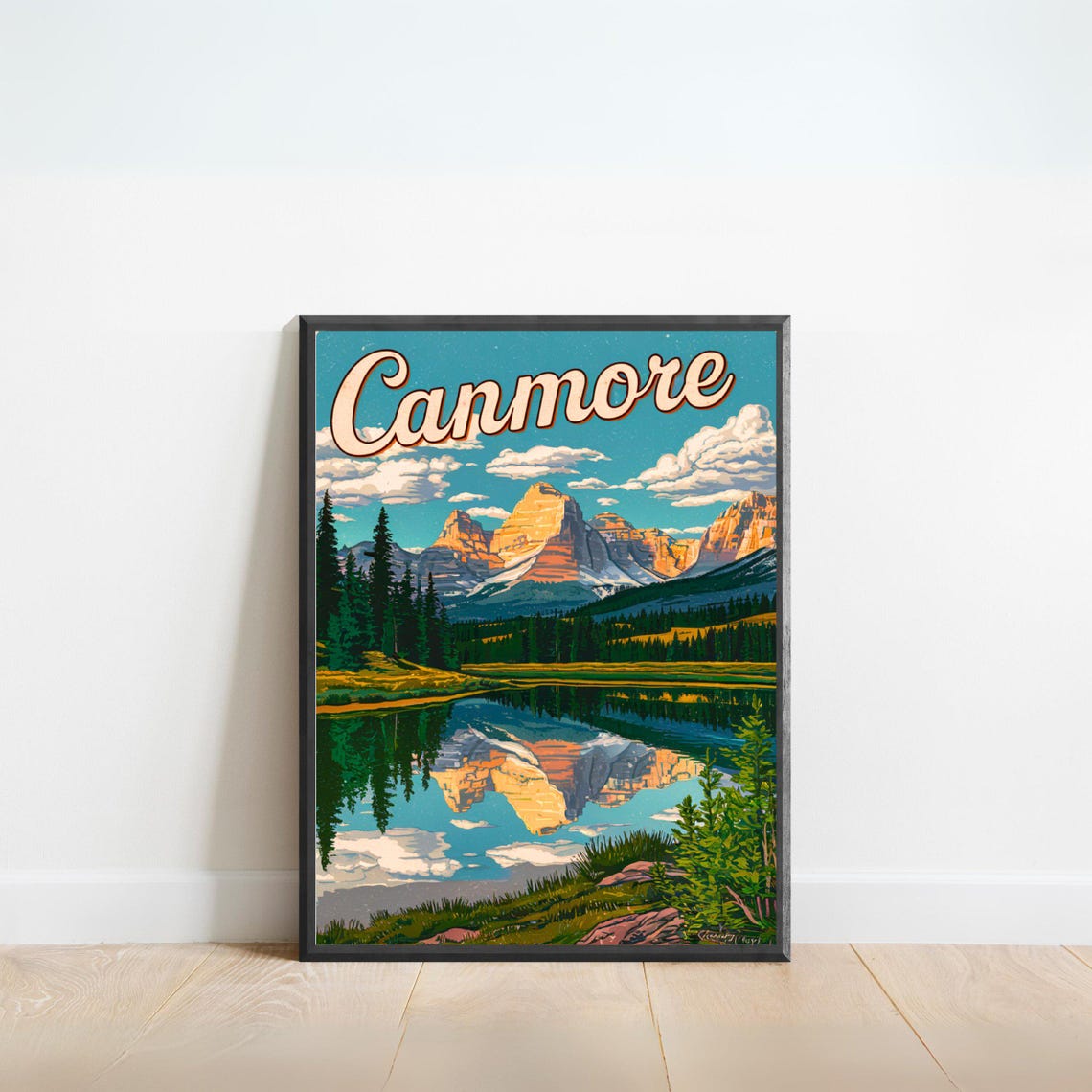 Canmore Retro Mountain Lake Reflection Vintage Travel Poster