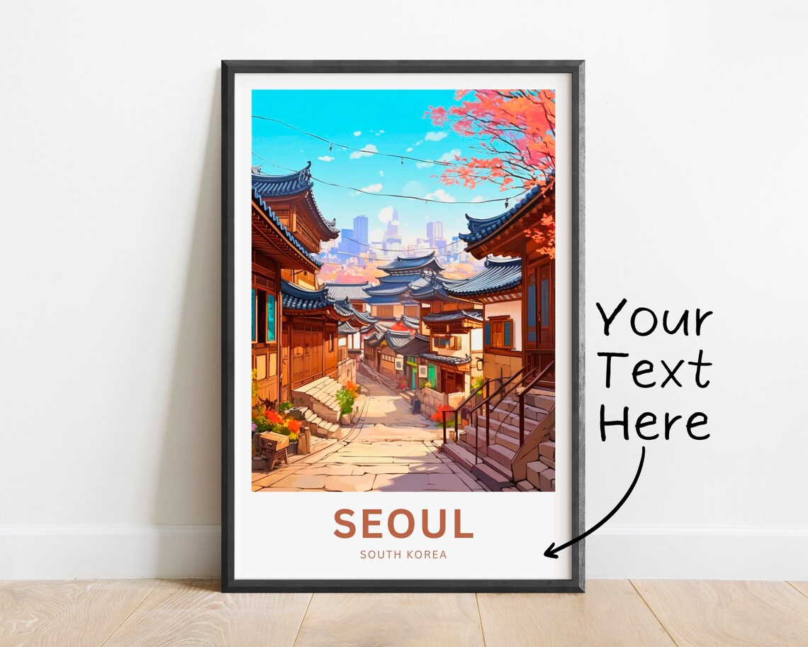 Seoul South Korea Travel Poster Hanok Village Alley Skyline Art