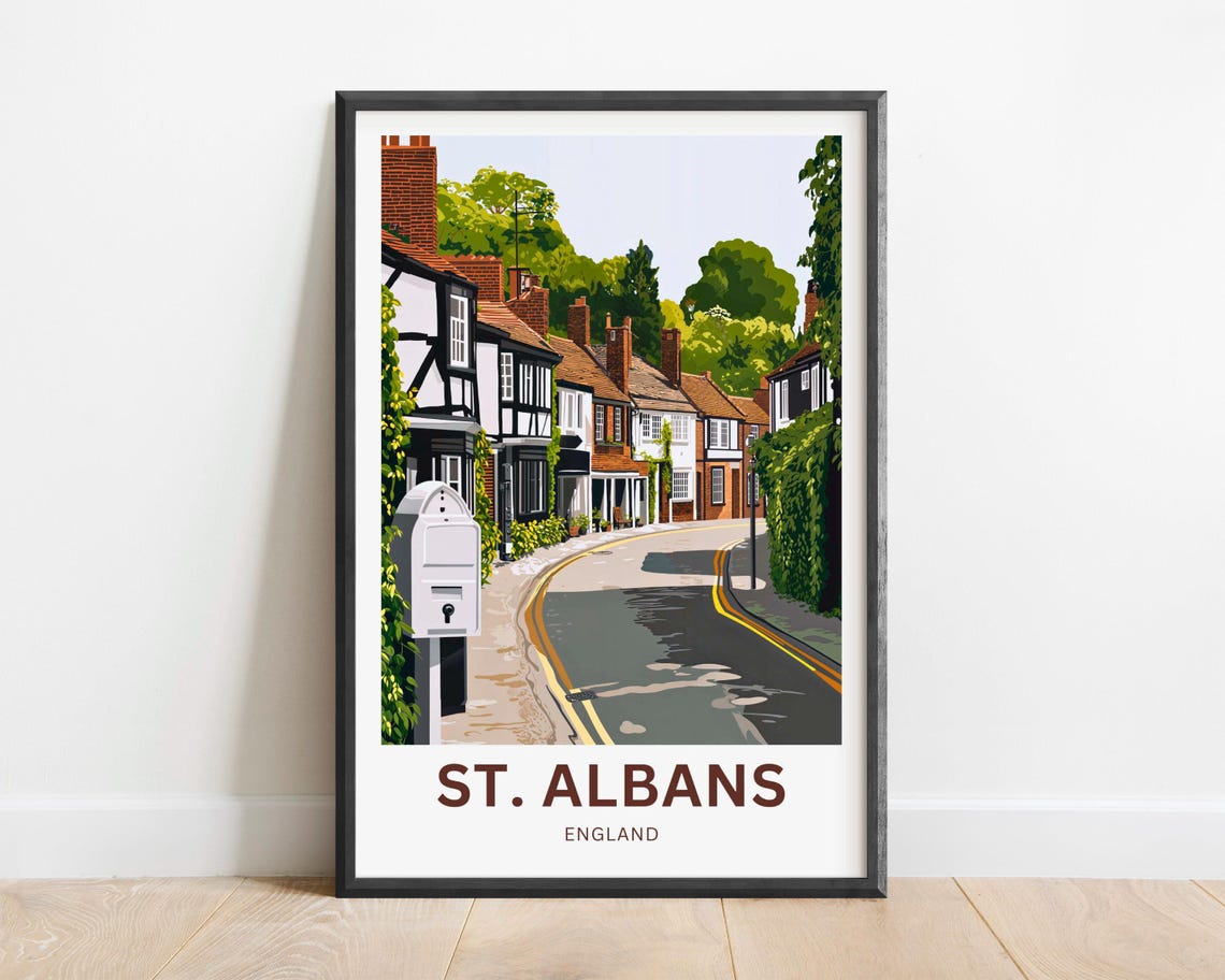 St. Albans England Tudor Street Vintage Postbox Travel Poster