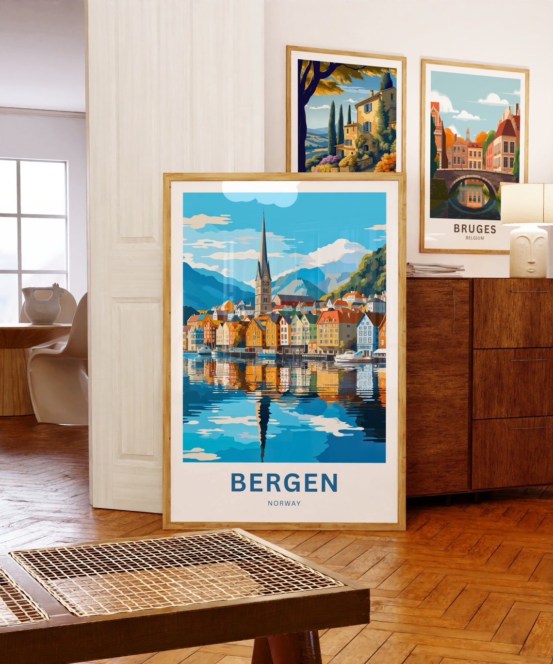 Bergen Norway Harbor Reflection Panorama Spire Mountain Travel Poster - Image 5