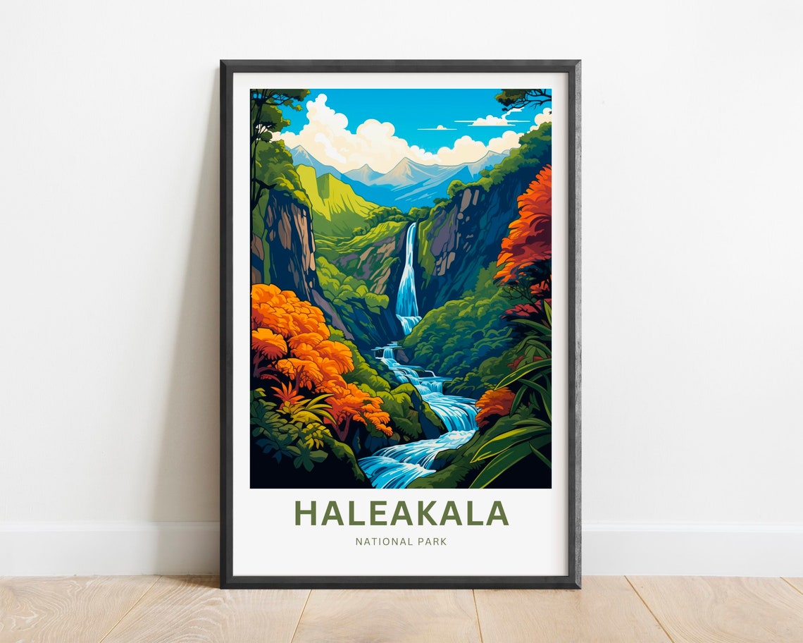 Haleakala National Park Lush Tropical Valley Waterfall Travel Poster