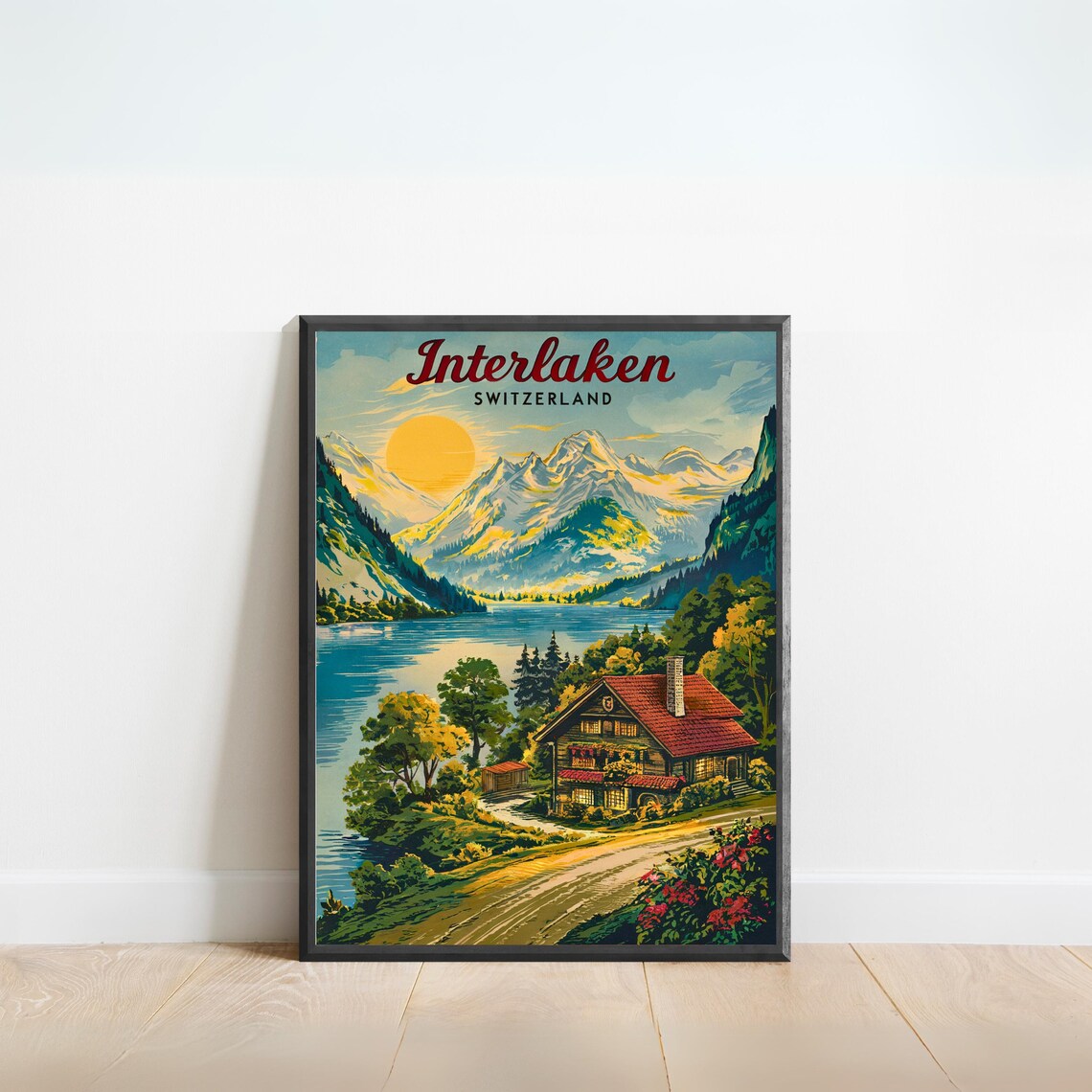 Interlaken Switzerland Mountain Lake Cabin Sunrise Travel Poster