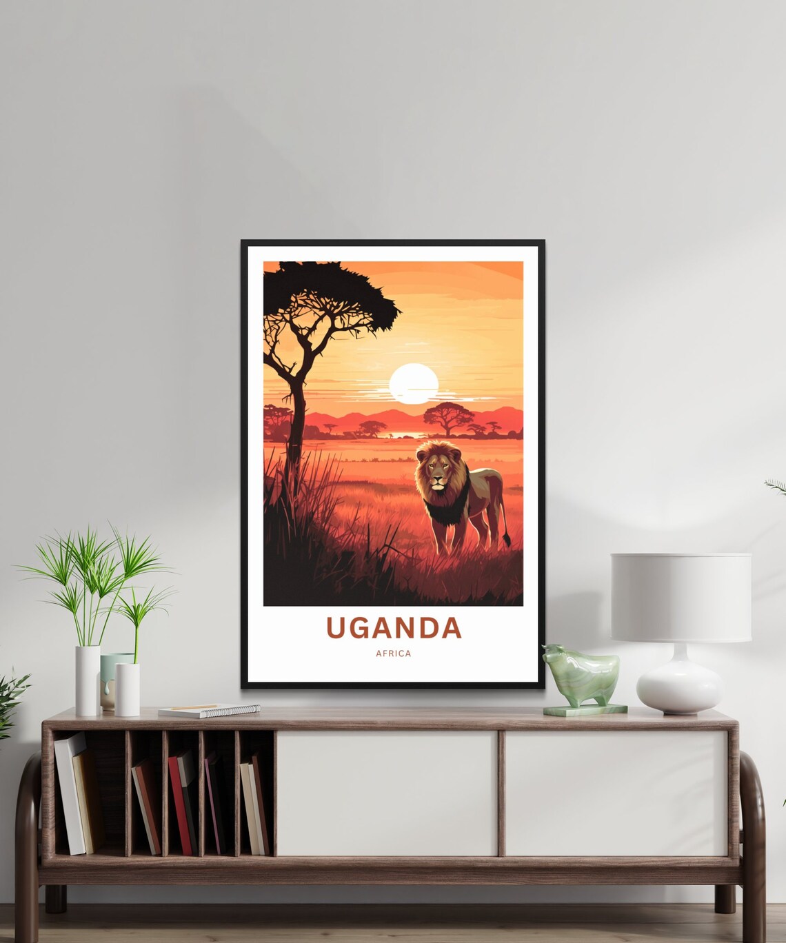 Uganda Africa Travel Poster Lion in Tall Grass Sunset Savanna View - Image 2