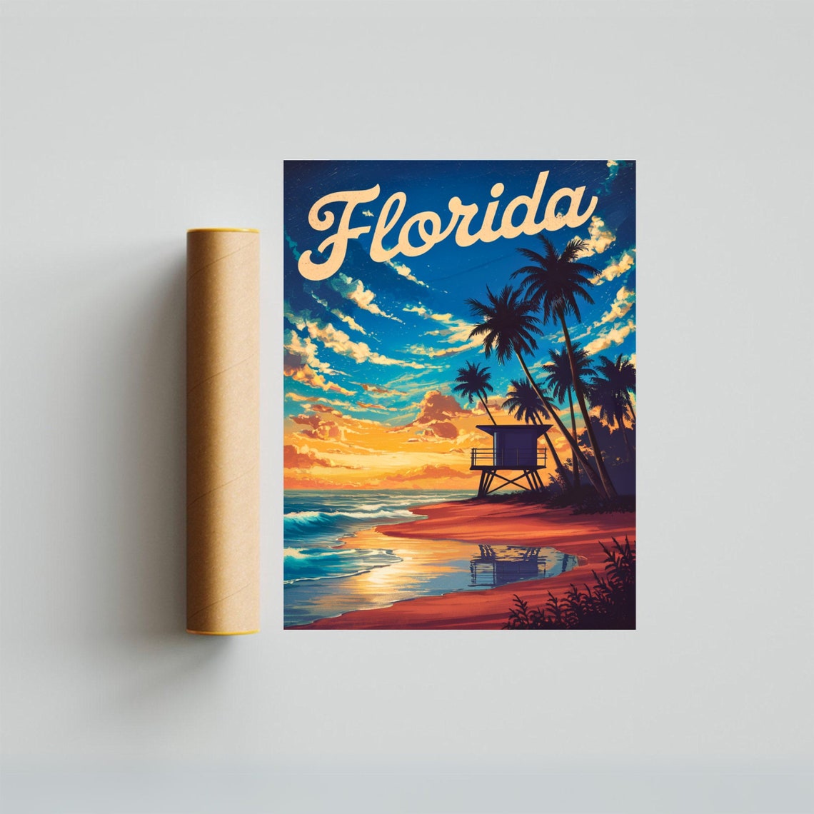 Florida Lifeguard Tower Sunset Palms Beach Vintage Retro Travel Poster - Image 3