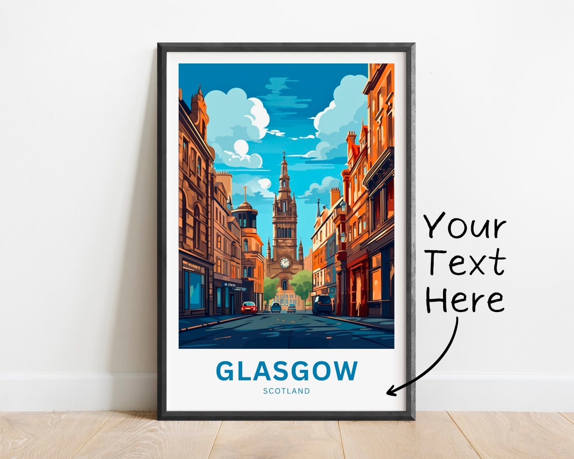 Glasgow Scotland Clock Tower Street View Personalized Travel Poster