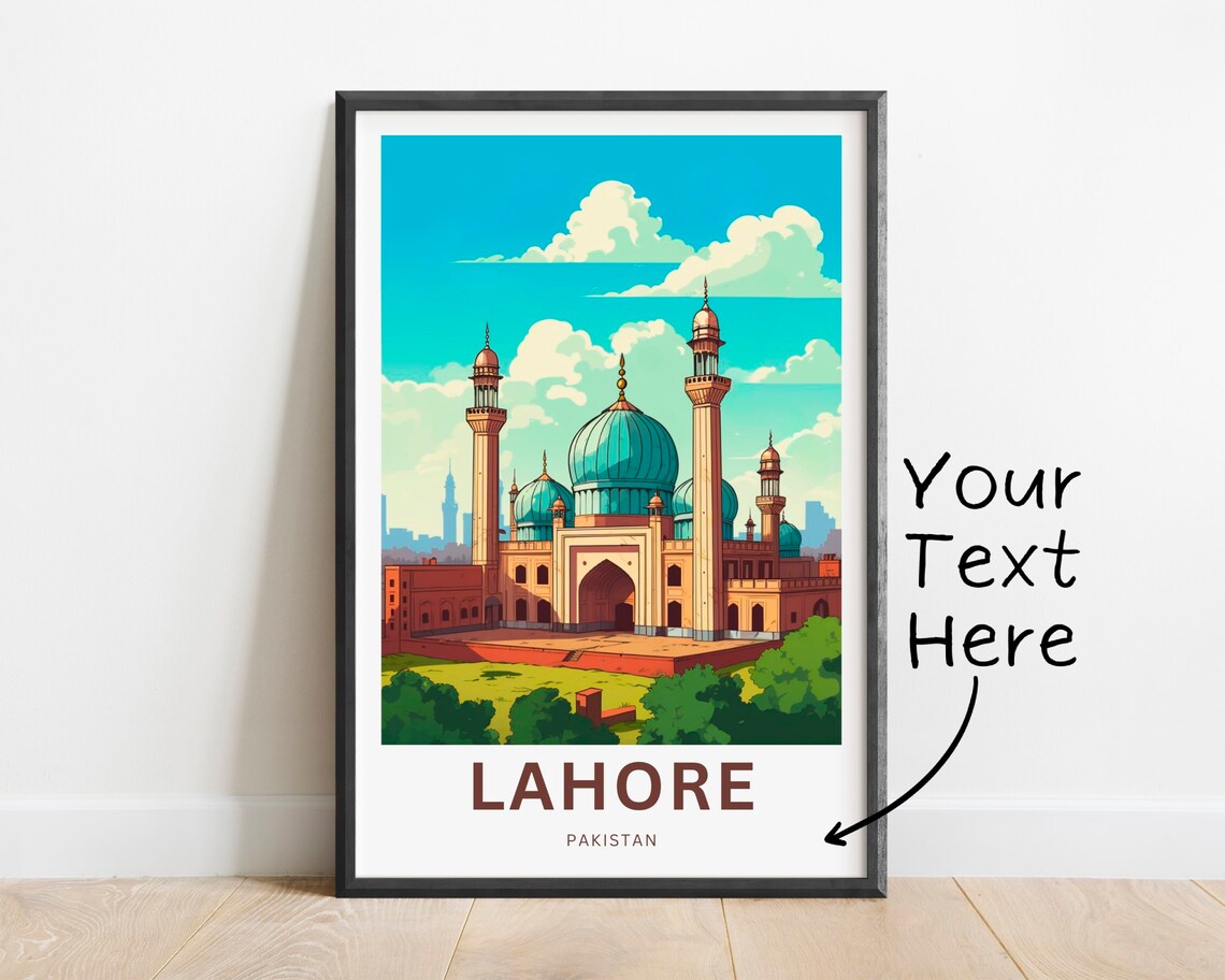 Lahore Pakistan Mosque Teal Domes Minarets City Skyline Travel Poster