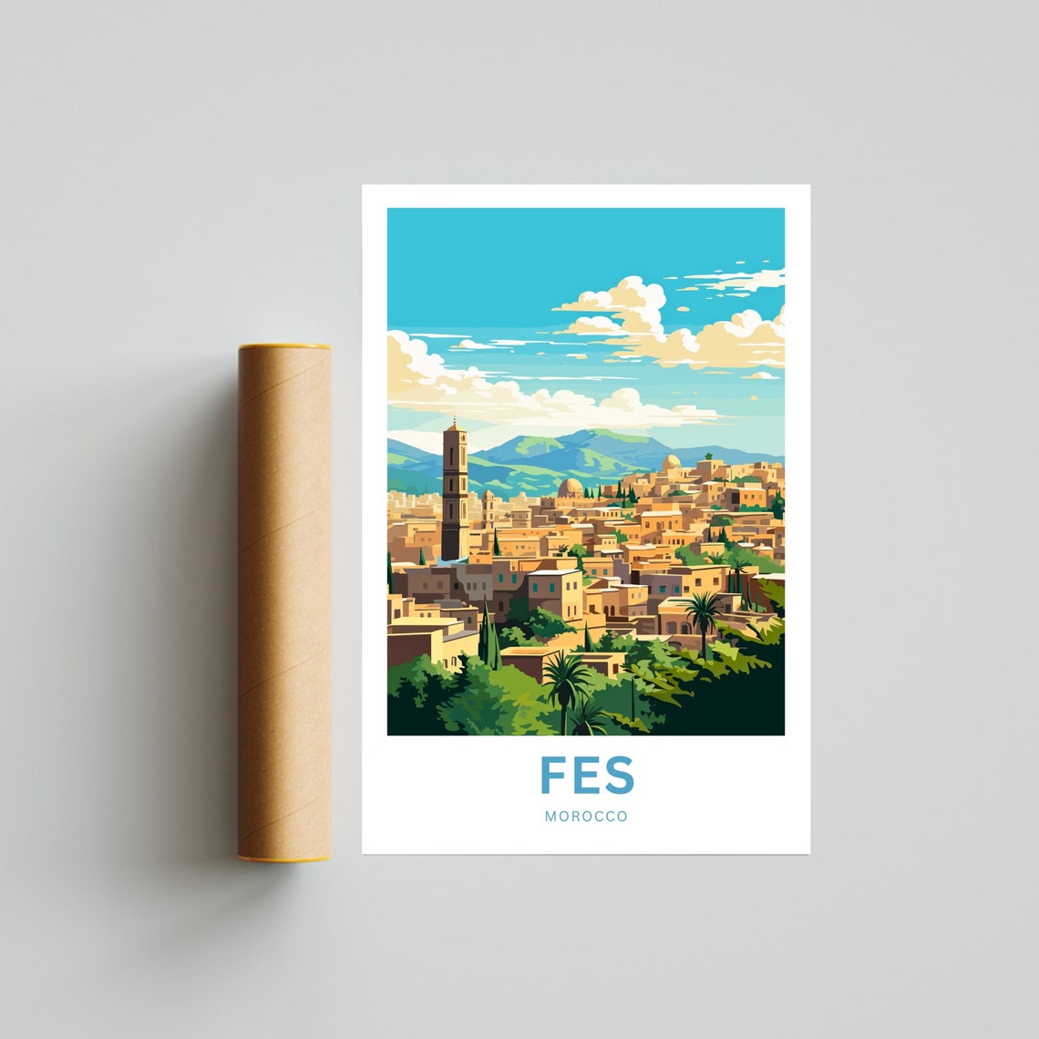 Fes Morocco Old Medina Minaret Palm Trees Mountain Skyline Poster - Image 4