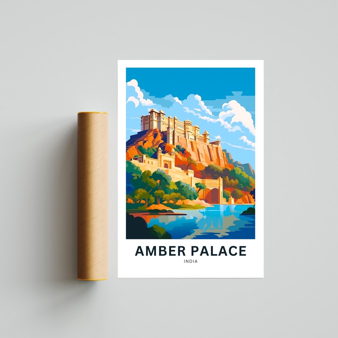 Amber Palace Hill Fort Lakeside Reflection India Travel Poster - Image 4