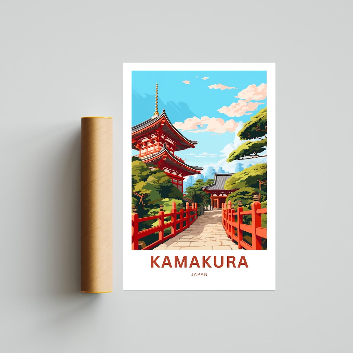Kamakura Japan Red Pagoda Bridge Temple Garden Scenic Travel Poster - Image 2