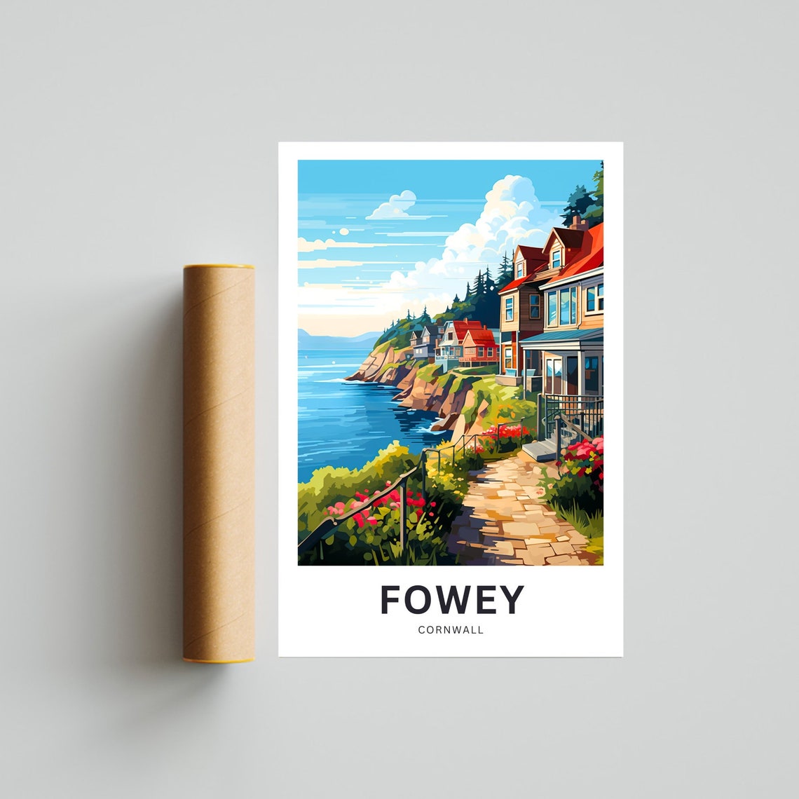 Fowey Cornwall Cliffside Coastal Path Cottages Custom Poster - Image 4