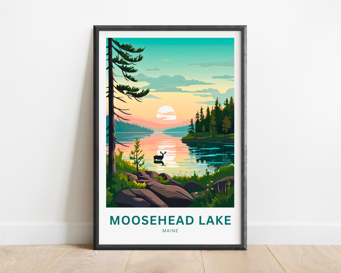Moosehead Lake Maine Sunset Moose Swimming Lake Travel Poster