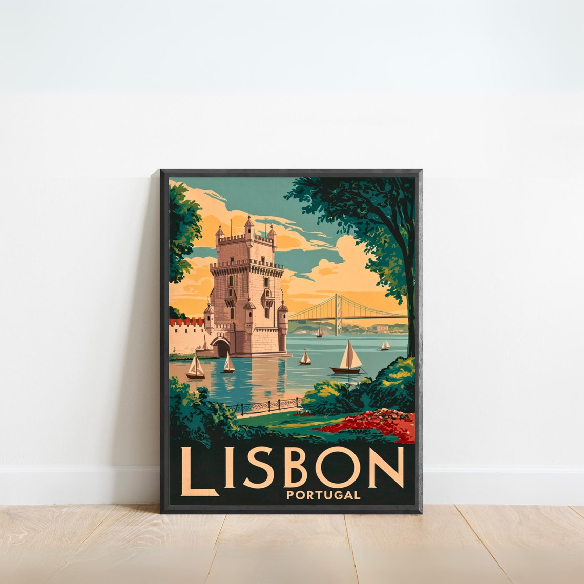 Lisbon Portugal Vintage Belem Tower Sunset Retro Travel Poster