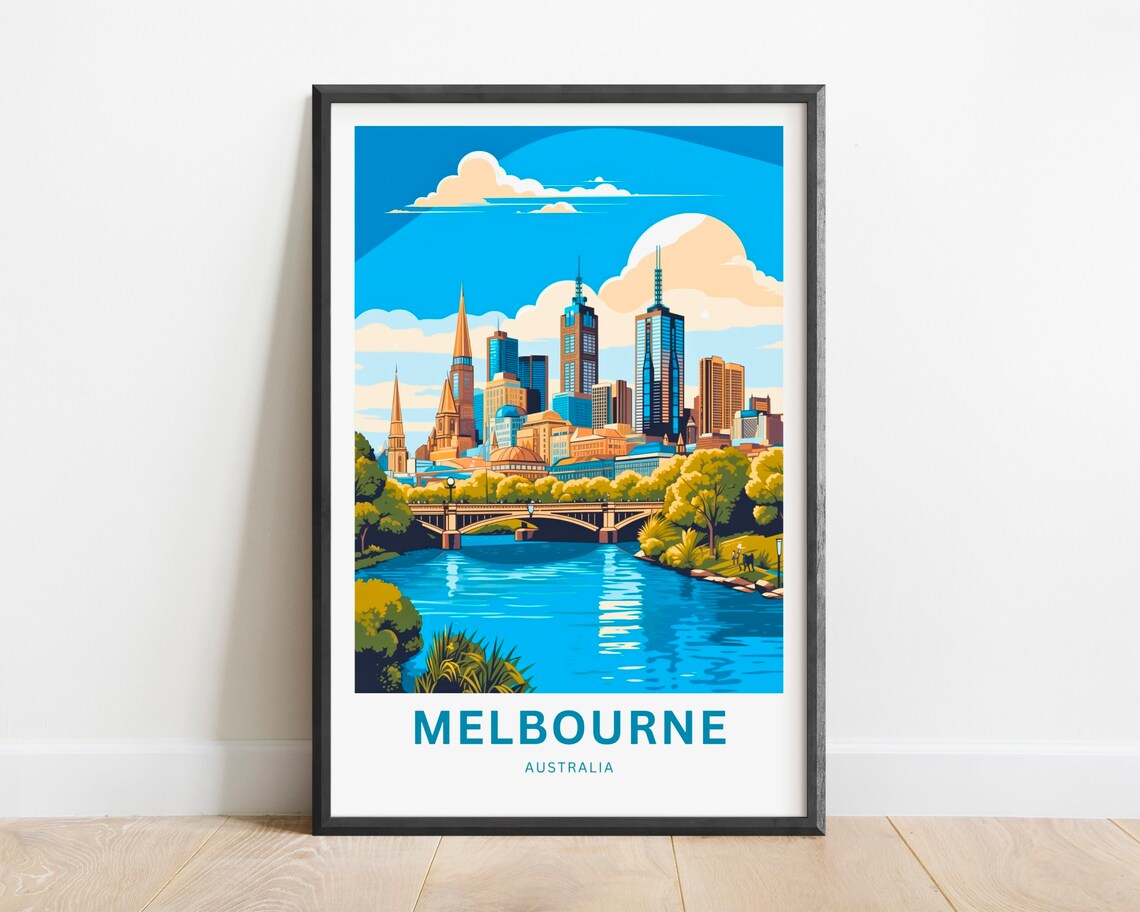 Melbourne Australia City Skyline River Bridge Parkland Travel Poster