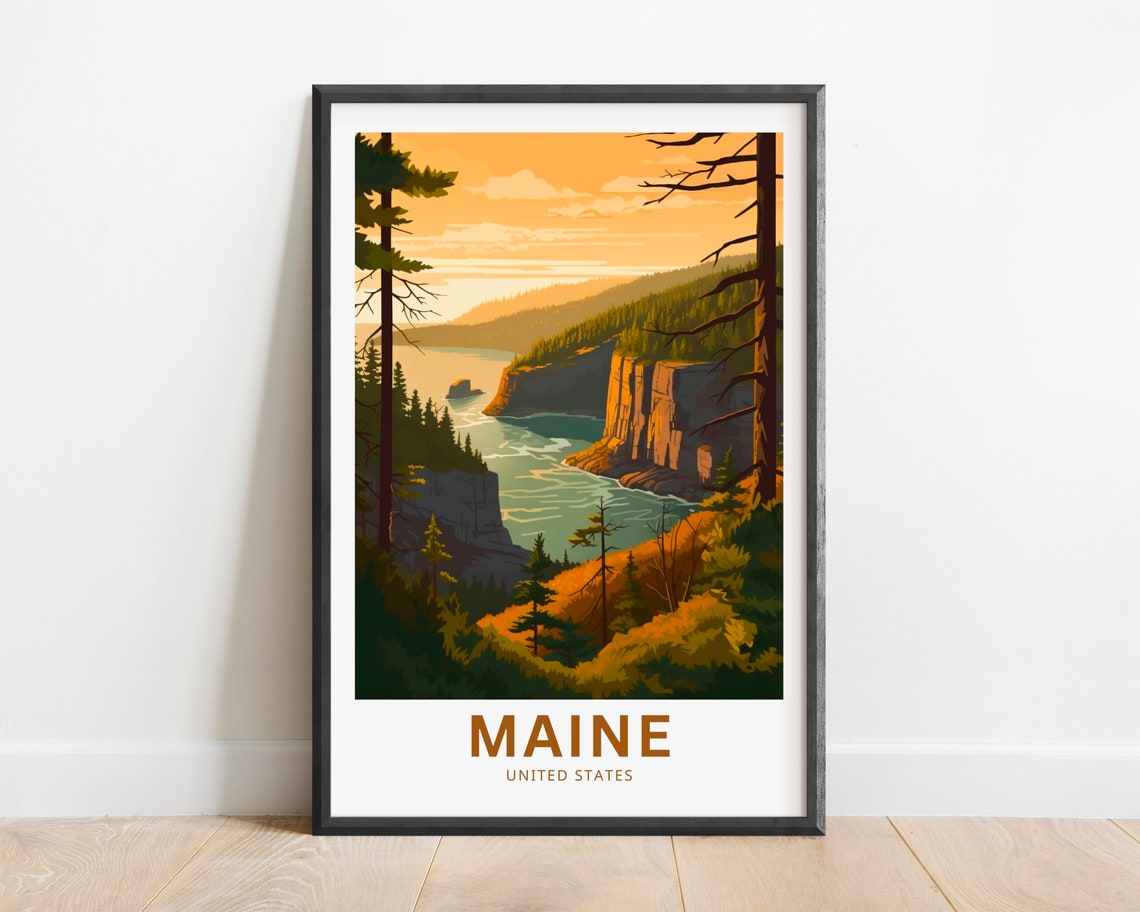 Maine Coastal Cliffs Sunset Rocky Shore Vintage Travel Poster