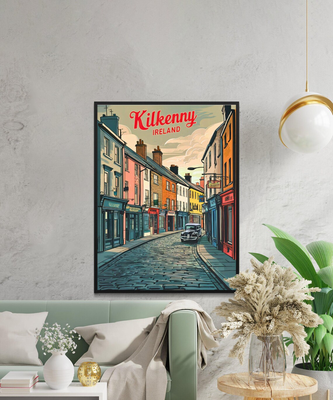 Kilkenny Ireland Cobblestone Street Shops Vintage Travel Poster - Image 2