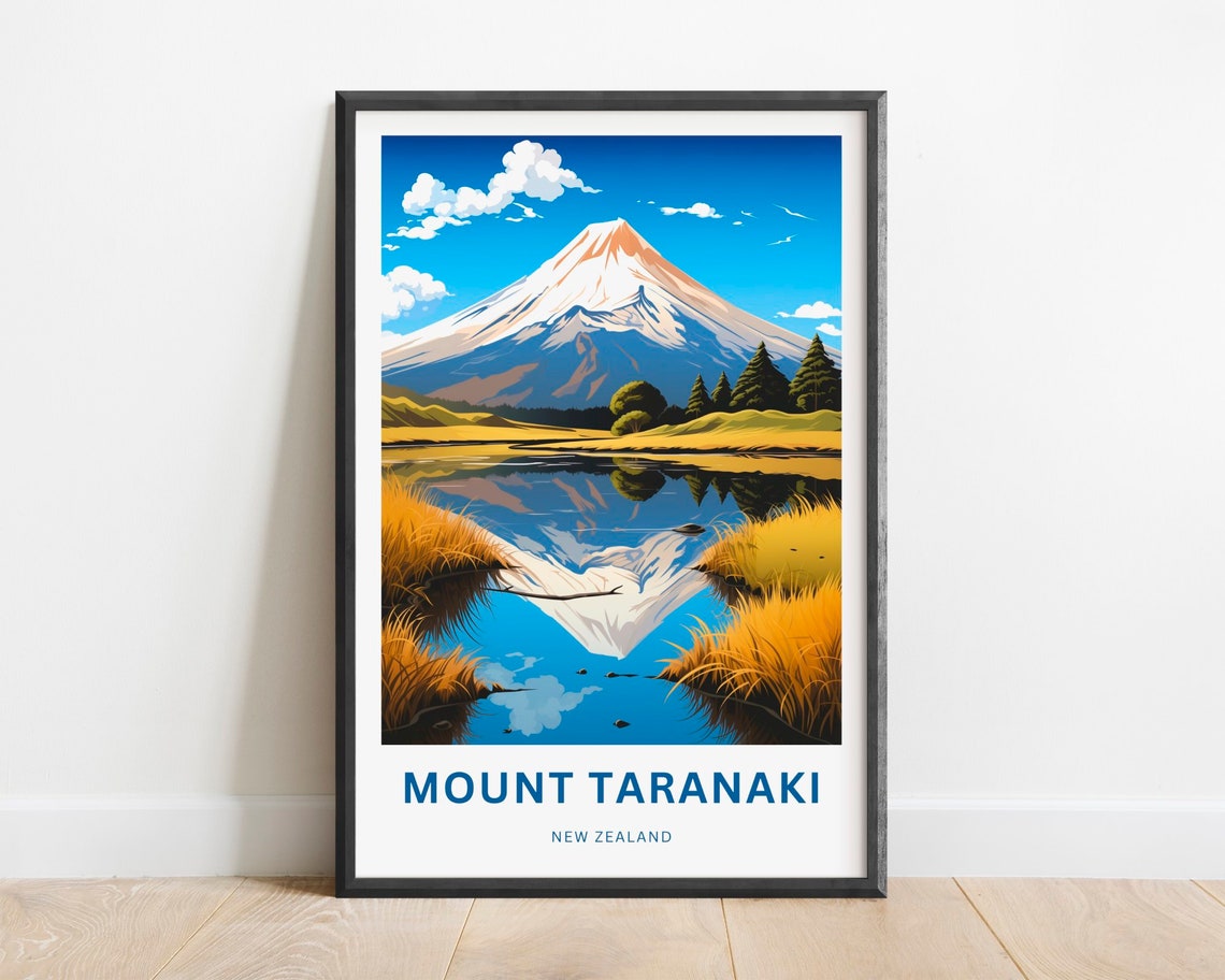 Mount Taranaki New Zealand Snow Peak Reflection Travel Poster
