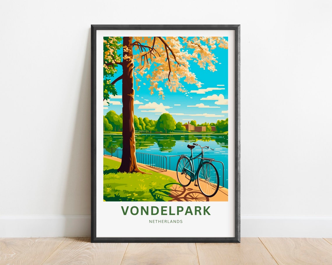 Vondelpark Netherlands Bicycle Lakeside Spring Blossom Travel Poster