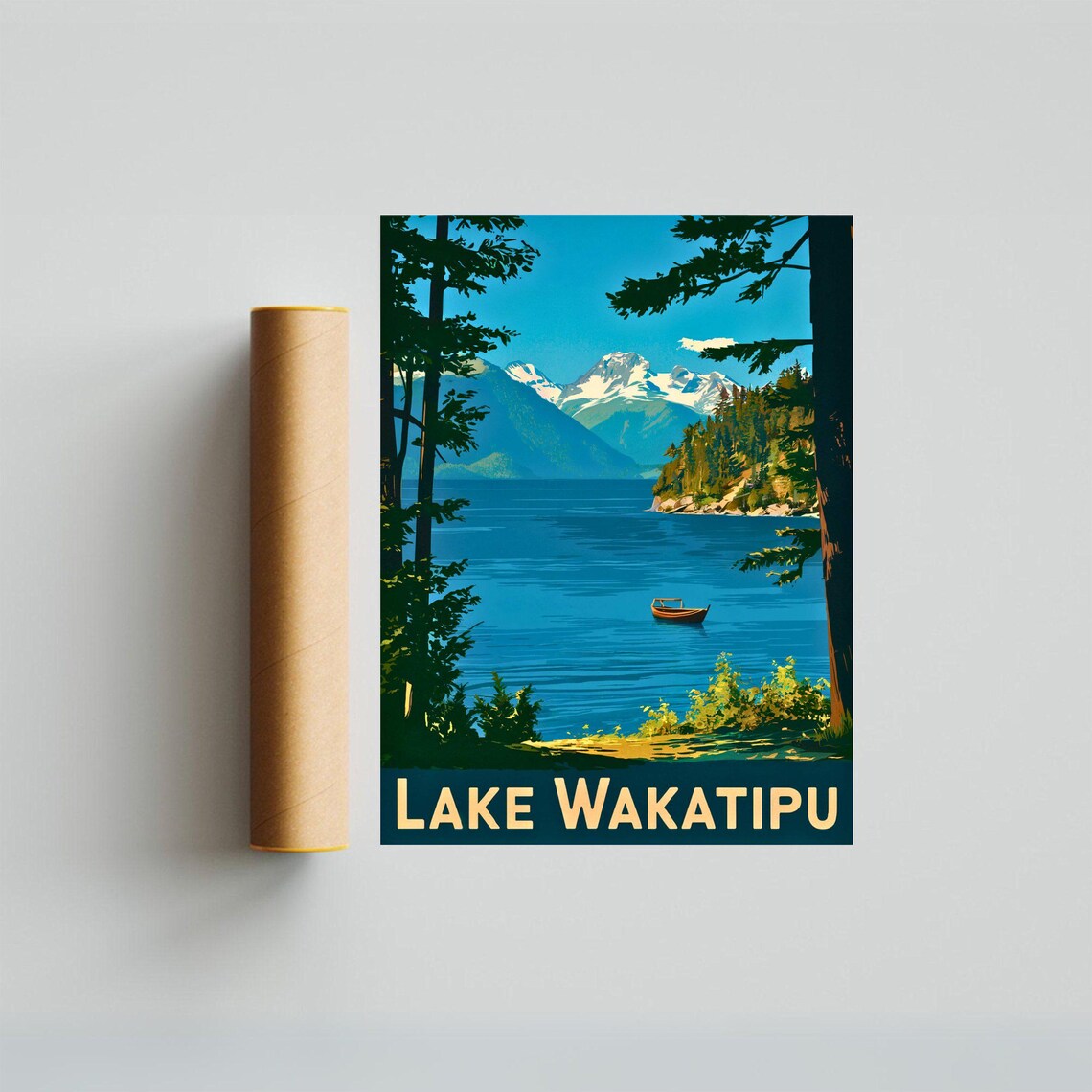 Lake Wakatipu Vintage New Zealand Mountain Lake Boat Retro Poster - Image 2