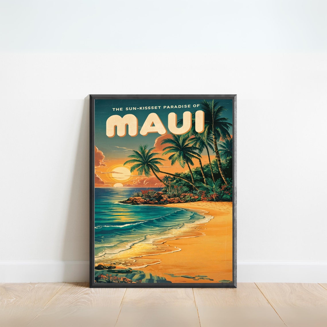 Maui Hawaii Sun Kissed Paradise Sunset Beach Palm Vintage Poster