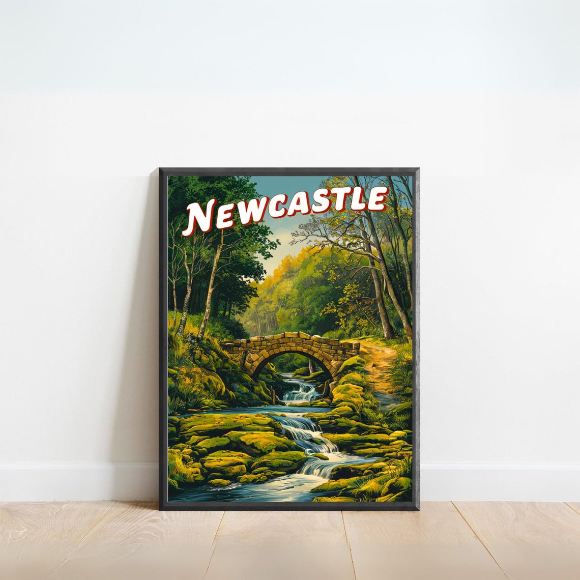 Newcastle Stone Bridge Woodland Stream Waterfall Vintage Travel Poster