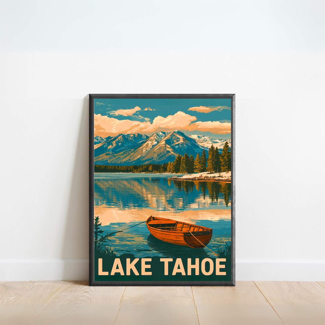 Lake Tahoe Vintage Wooden Canoe Mountain Lake Retro Travel Poster