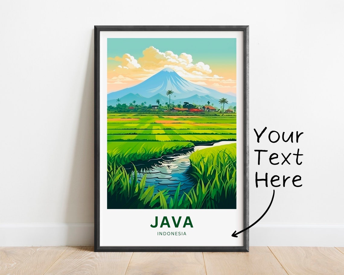 Java Indonesia Volcano Green Rice Paddy Fields Stream Poster