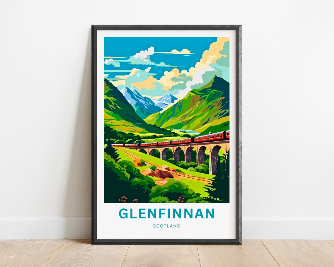 Glenfinnan Scotland Green Highlands Red Train Viaduct Travel Poster