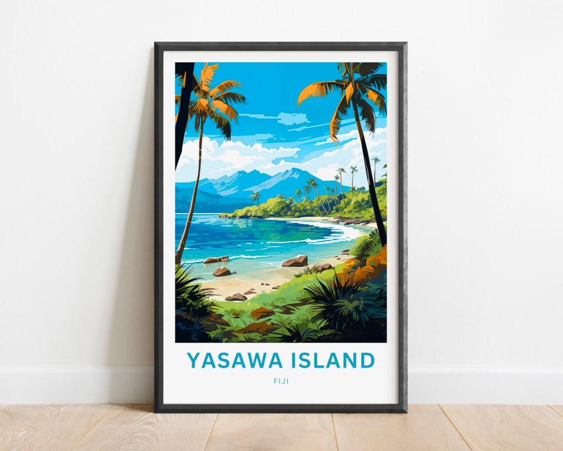 Yasawa Island Fiji Palm Beach Lagoon Vintage Tropical Travel Poster