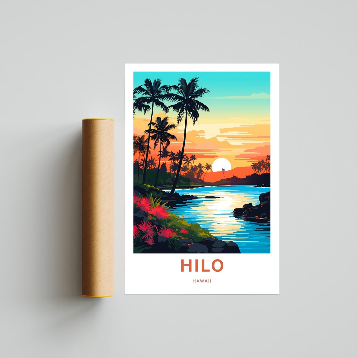Hilo Hawaii Sunset Palm Trees Over Ocean Bay Retro Travel Poster - Image 4