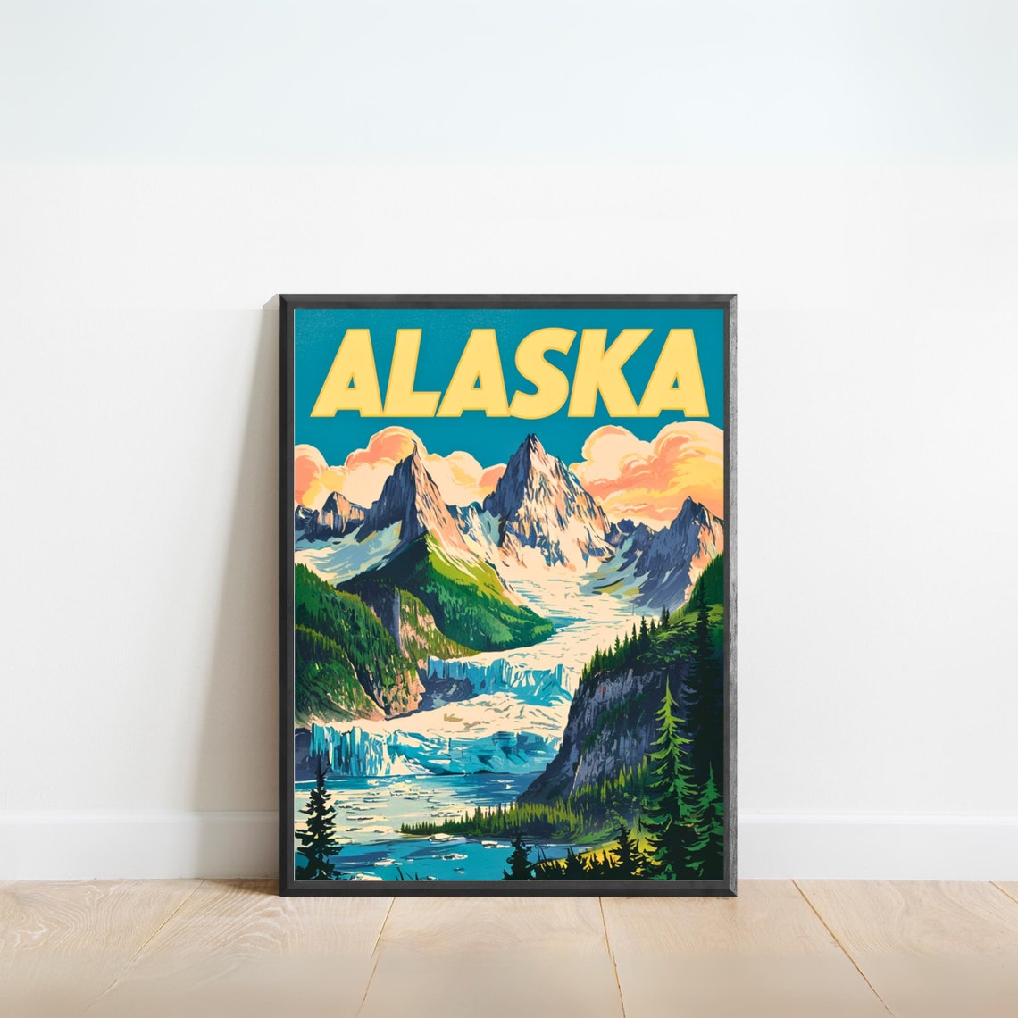 Alaska Glacier Valley Snow Capped Peaks Retro Mountain Travel Poster