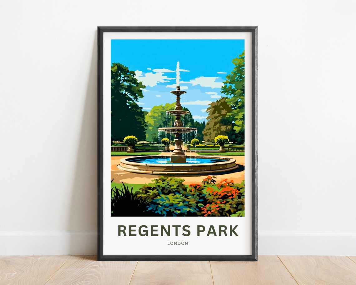 Regents Park London Summer Garden Fountain Vintage Travel Poster