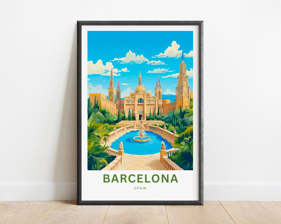Barcelona Spain Palace Fountain Gardens Vintage Travel Poster