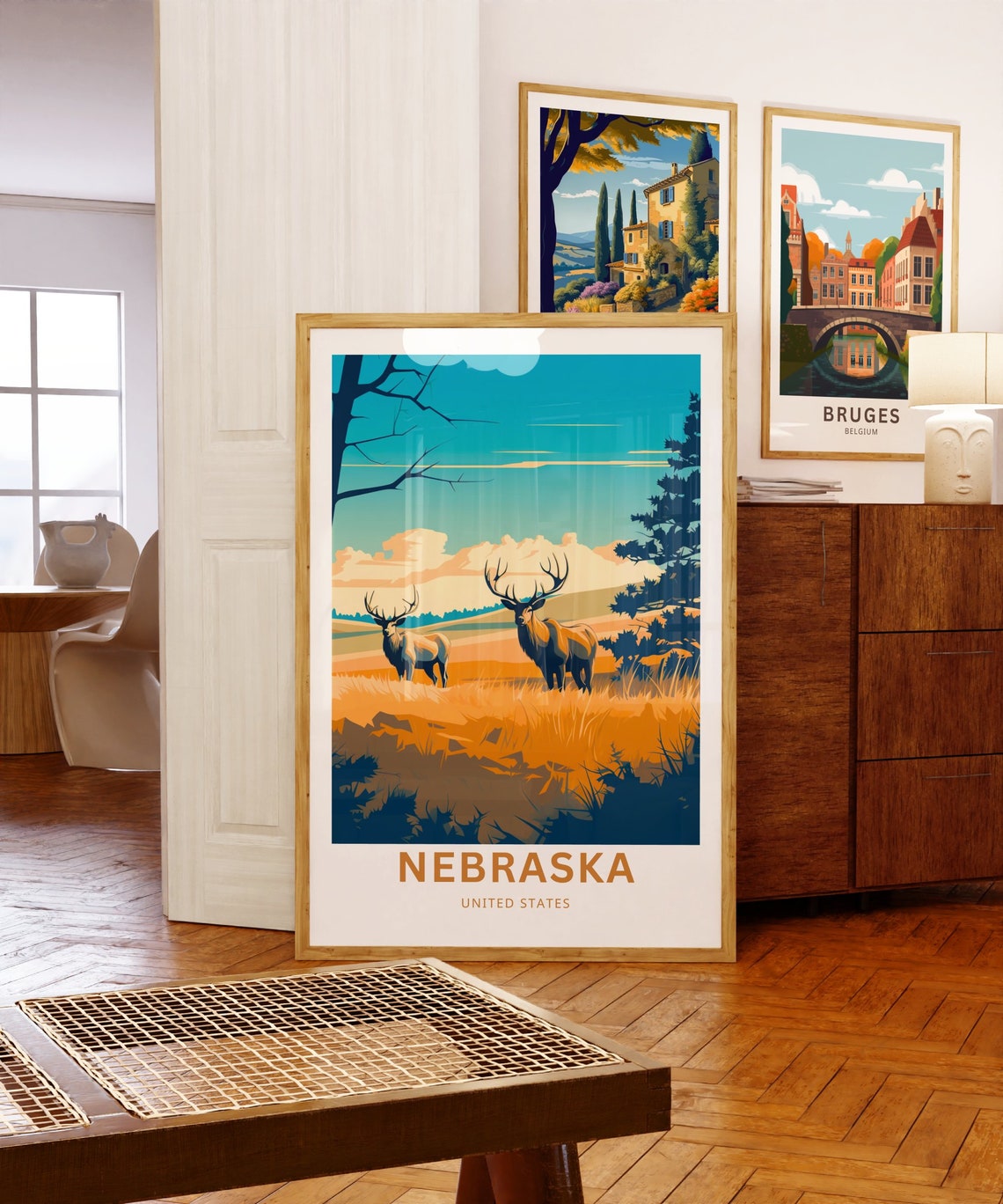 Nebraska Prairie Two Deer in Golden Grass Sunset Travel Poster - Image 5
