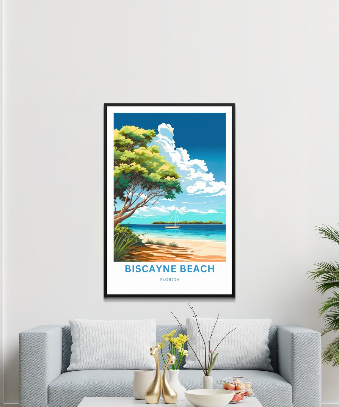Biscayne Beach Florida Palm Tree Sailboat Retro Travel Poster - Image 3