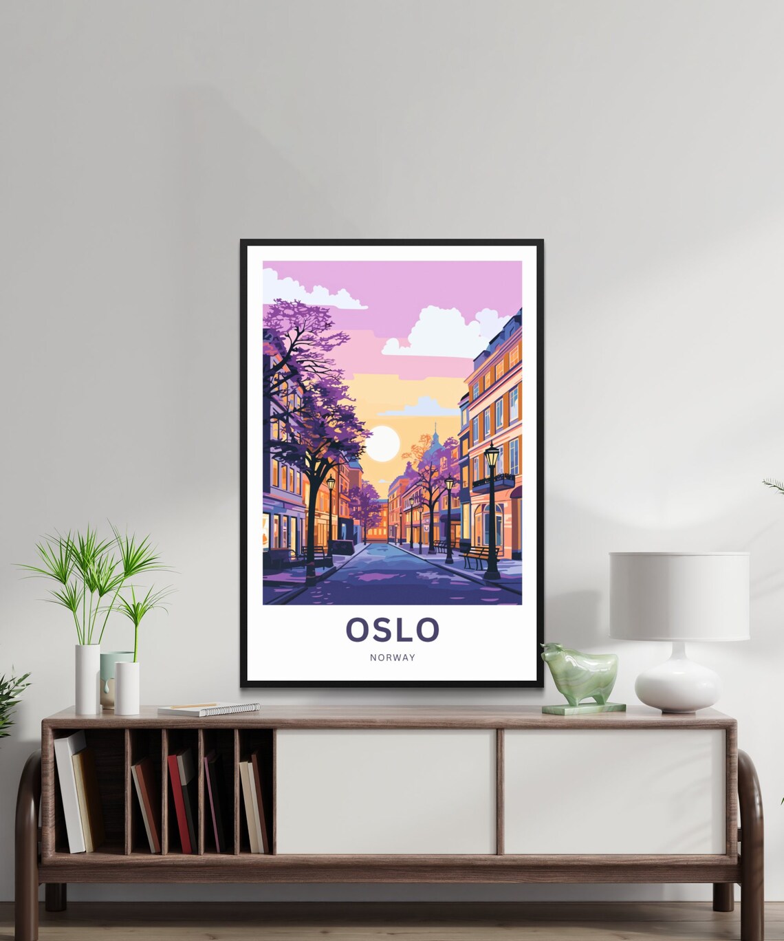 Oslo Norway City Street Sunset Pink Sky Vintage Travel Poster - Image 2