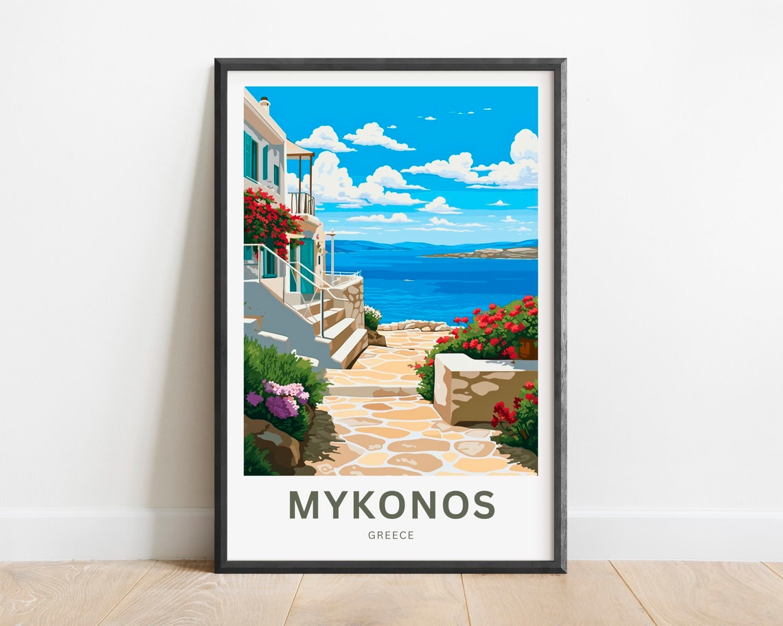 Mykonos Greece Stone Lane Whitewashed Villa Blue Sea Breeze Poster