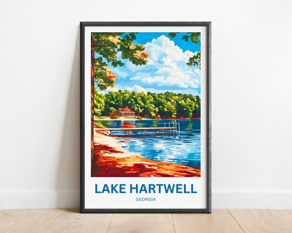 Lake Hartwell Georgia Travel Poster Lakeside Dock Cabin And Trees