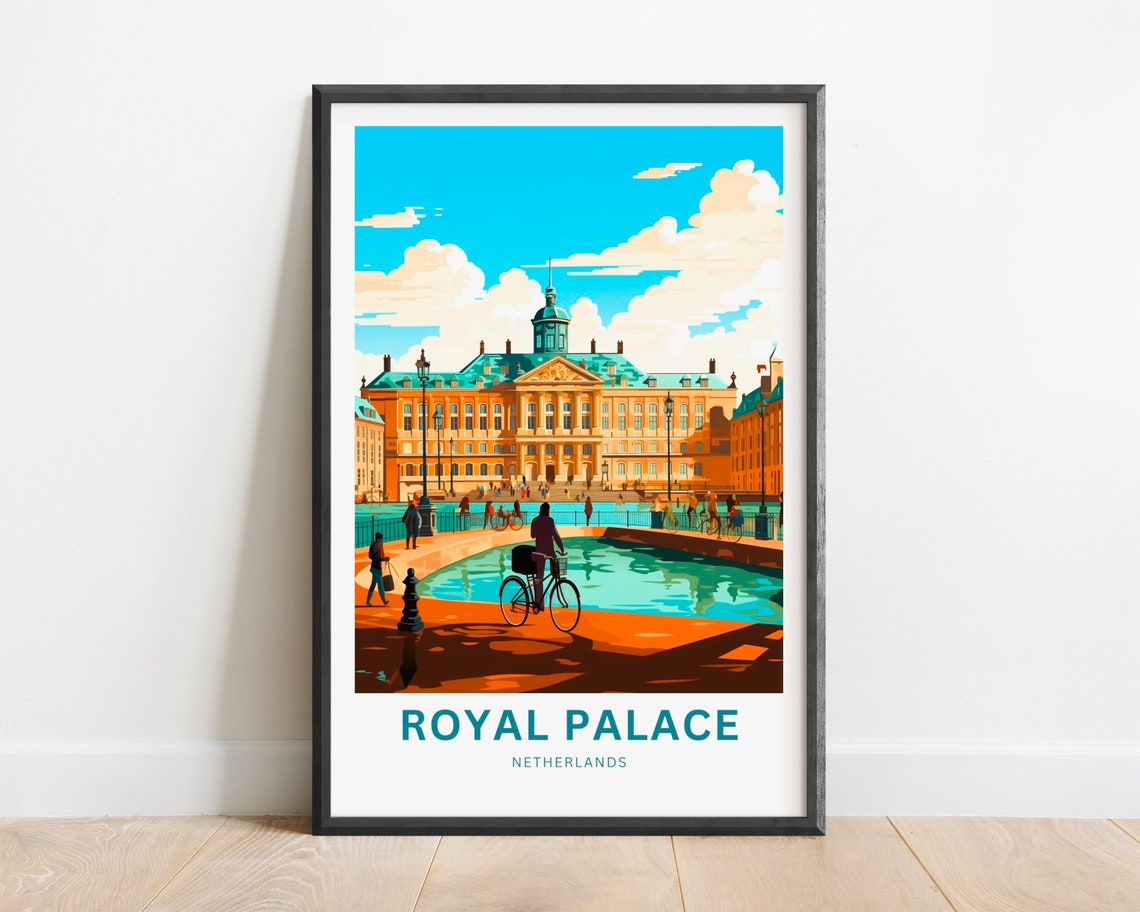 Royal Palace Amsterdam Netherlands Canal Cyclist Travel Poster