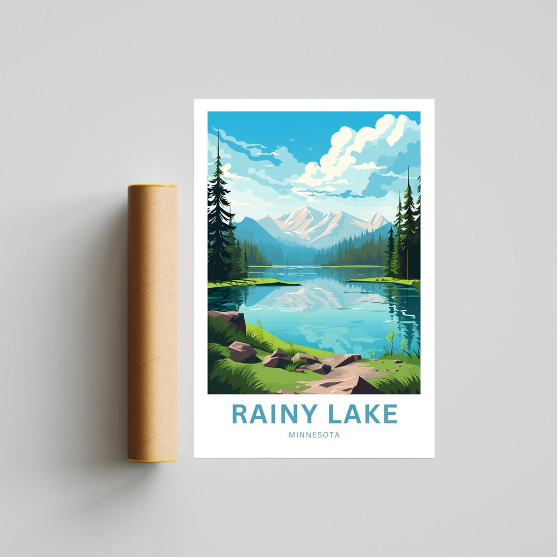 Rainy Lake Minnesota Mirror Lake Snow Peaks Pine Forest Poster - Image 4