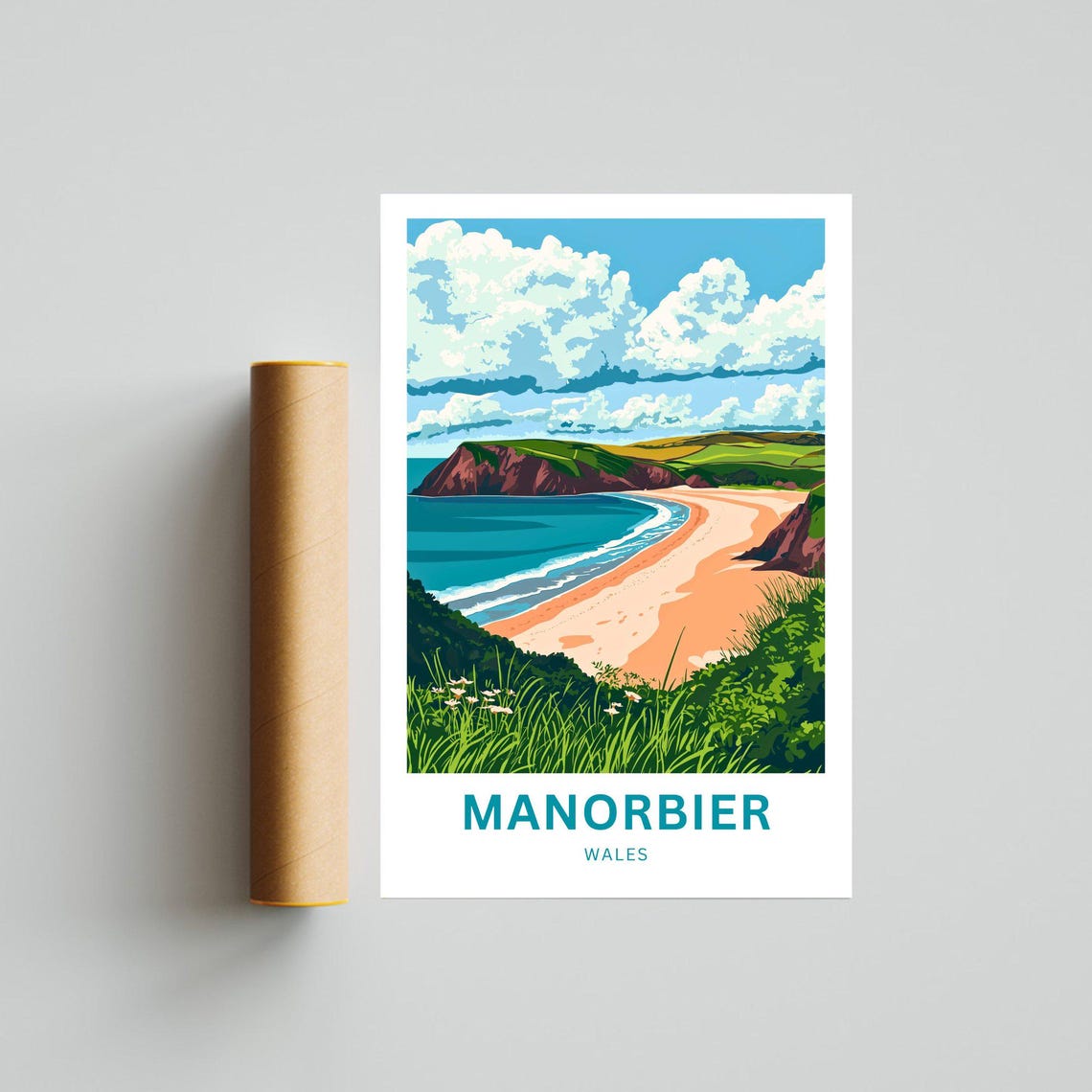 Manorbier Wales Sandy Beach Cove Cliffs Coastal Travel Poster - Image 2