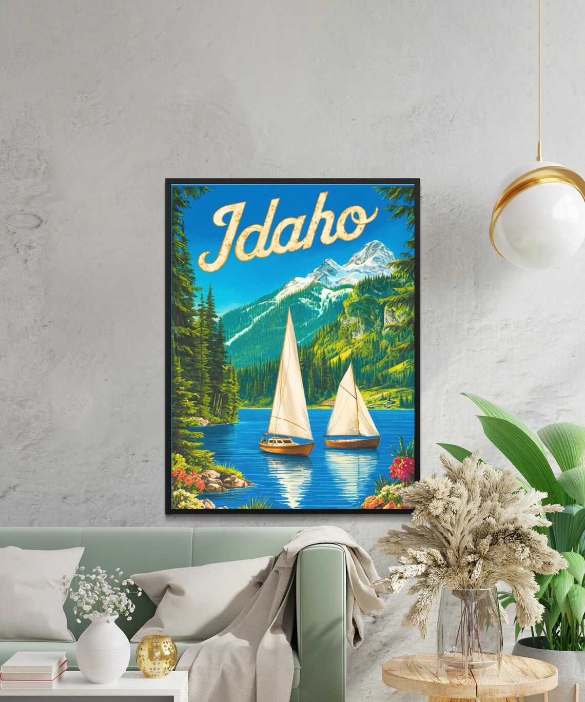 Idaho Vintage Travel Poster Two Sailboats Alpine Lake Snowy Peaks Art - Image 3