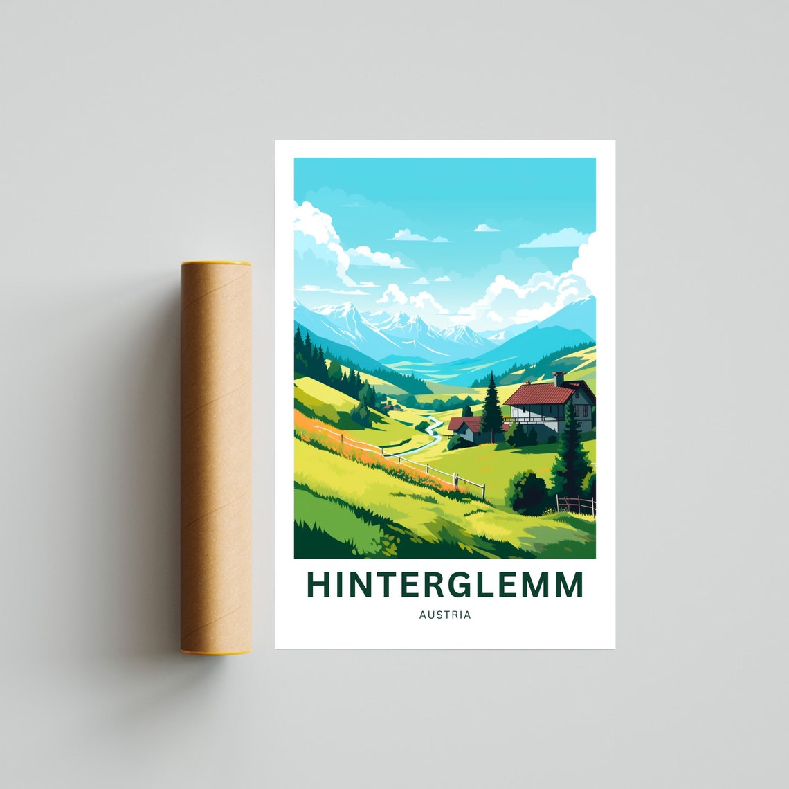 Hinterglemm Austria Green Alpine Meadow Chalet Travel Poster - Image 4