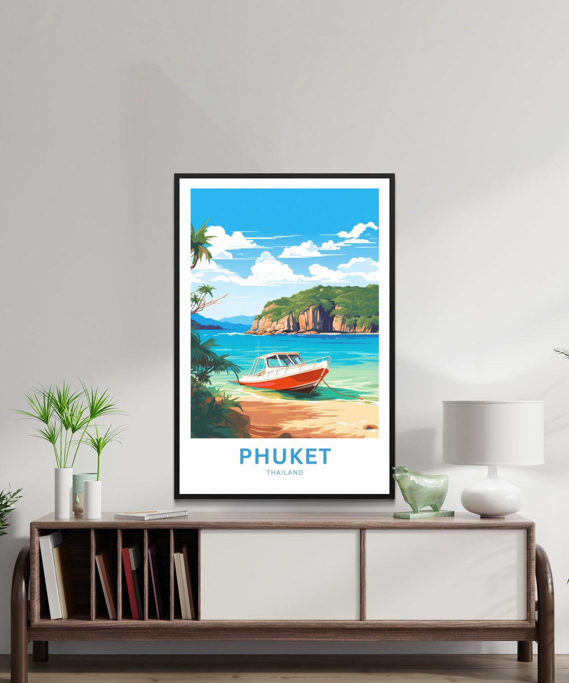 Phuket Thailand Travel Poster Orange Boat Anchored Tropical Bay Art - Image 2