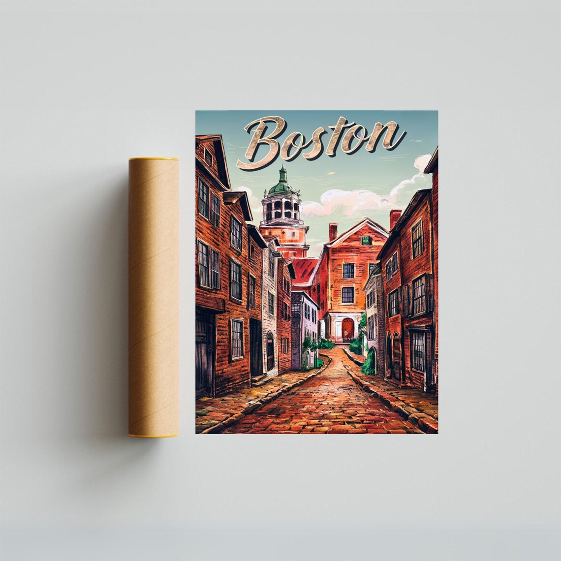 Boston Historic Old Town Cobblestone Street Vintage Travel Art Poster - Image 3