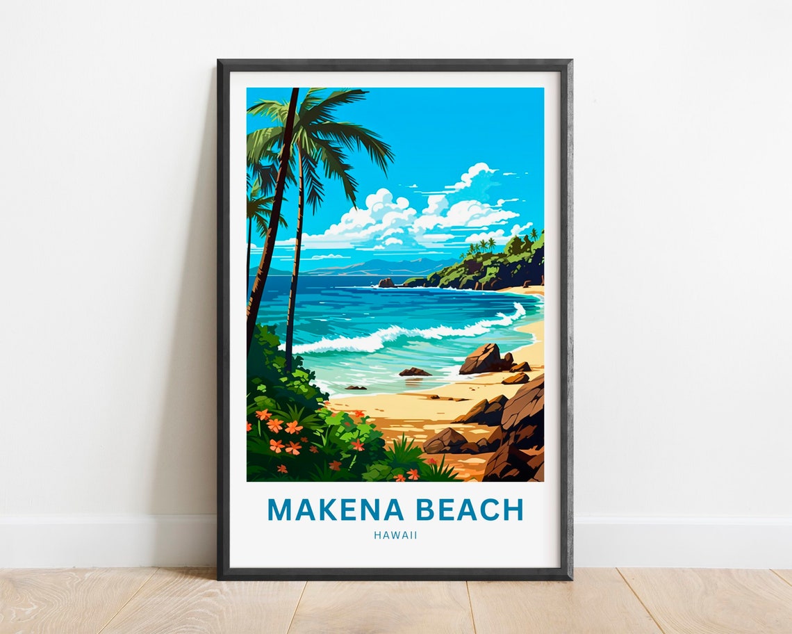 Makena Beach Hawaii Palm Fringed Tropical Shoreline Surf Poster